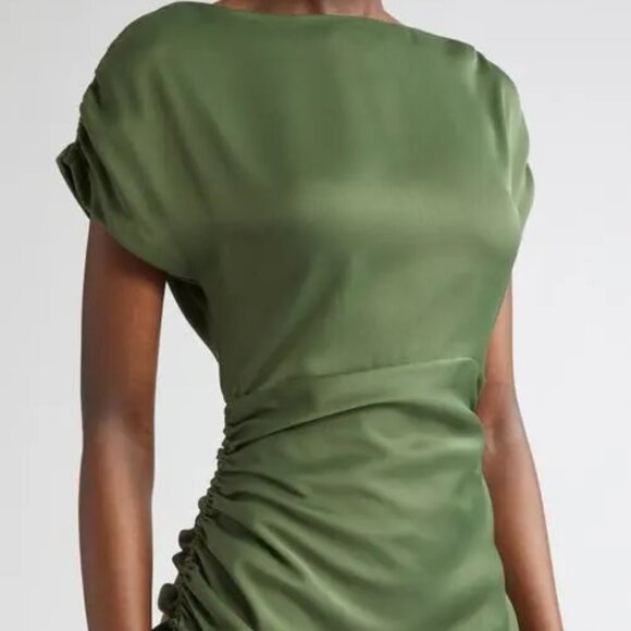 Lela Rose Heather Crepe Satin Ruched Dress Gown Forest Green - Picture 11 of 14